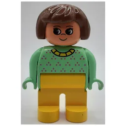 Duplo Figure, Early, Hair Bob Brown, Yellow Legs, Dark Pink Dots and Yellow Collar Print / Medium Green