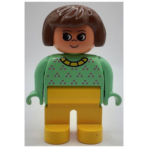 Lego Duplo Figure, Early, Hair Bob Brown, Yellow Legs, Dark Pink Dots and Yellow Collar Print / Medium Green