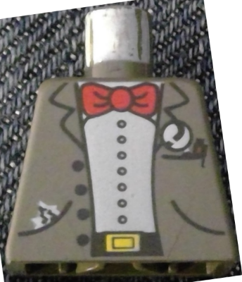 Lego Torso Jacket Open with Buttons and Pockets over White Shirt, Black Belt with Yellow Buckle, Red Bow Tie, Handkerchief, Magnifying Glass, Pen Pattern