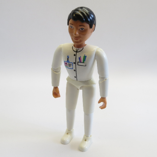 Lego Belville Figure Articulated Elbows, Male, Black Hair, White Pants, White Shirt with Badge, Pocket and 2 Pens Print (Medic) / Nougat