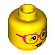 Lego Minifig Head Grandma, Dark Pink Glasses, Gray Eyebrows and Crow's Feet Print / Yellow