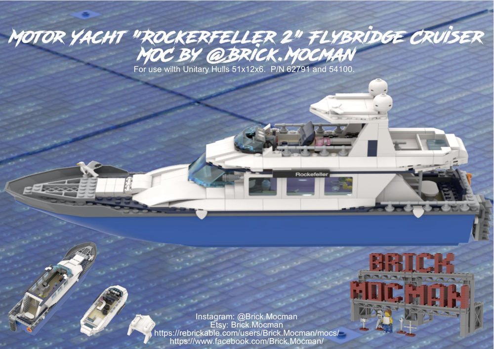 Lego Motor Yacht "Rockerfeller" Flybridge Cruiser - Blue/White/Black