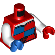 Lego Torso, Odd Hands, Jester Costume, Red Belt with Diamond Buckle Print (Harley Quinn), White Arms, Left Red Hand, Right Blue Hand / Red