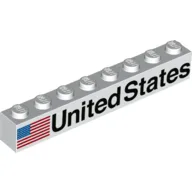 Brick 1 x 8 with American Flag, 'UNITED STATES' Print / White