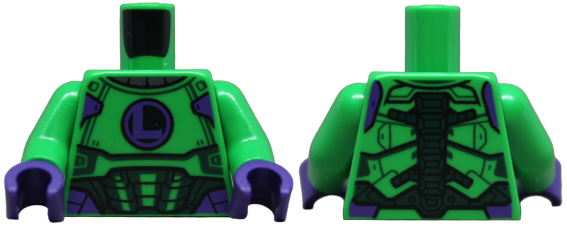 Lego Torso Armor Panels with Dark Green Trim and Dark Purple Capital Letter L on Black Circle, Mechanical Spine on Back Pattern / Bright Green Arms / Dark Purple Hands