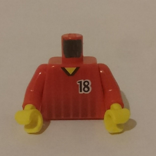 Lego Torso Soccer Shirt, Black Fading Stripes and '18' Front and Back Print, Red Arms, Yellow Hands / Red