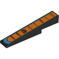 Lego Brick Sloped 1 x 6 x 1 with 1 x 2 x 1/3 Cutout with Orange Squares, Azure Shape, Black Sponsorship Logos print / Black