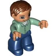 Duplo Figure with Parted Wavy Hair Reddish Brown, with Dark Blue Legs, Sand Green Top with 4 Buttons, and Brown Eyes / Sand Green