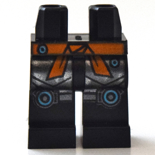 Lego Hips and Black Legs with Orange Belt Sash, Silver Knee Straps with Medium Azure Circles Print / Black