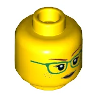 Minifig Head Freya McCloud, Green Glasses, Peach Lips, and Smile / Raised Eyebrow / Yellow