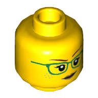 Lego Minifig Head Freya McCloud, Green Glasses, Peach Lips, and Smile / Raised Eyebrow / Yellow