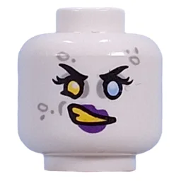 Minifig Head Doey, Yellow Left, Bright Light Blue Right Eye, Light Bluish Grey Eyeshadow, Spots, Dark Purple Lips, Yellow Teeth, Angry Grin/Smile / White
