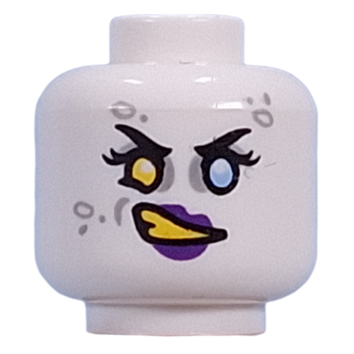 Lego Minifig Head Doey, Yellow Left, Bright Light Blue Right Eye, Light Bluish Grey Eyeshadow, Spots, Dark Purple Lips, Yellow Teeth, Angry Grin/Smile / White