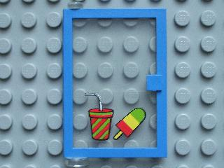 Lego Door 1 x 4 x 5 Left with Trans-Clear Glass and Drink and Ice Pop (Freezer / Lollipop / Lolly / Pole / Popsicle / Stick) Pattern (Sticker) - Set 6683