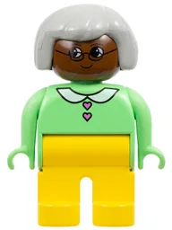 Duplo Figure - Female, Adult Woman, Yellow Legs, Medium Green Top with Collar and Heart Buttons Pattern, Light Gray Hair, Brown Head (75506)