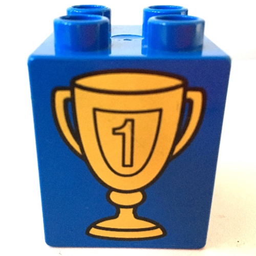 Lego Duplo Brick 2 x 2 x 2 with Trophy Cup Number 1 in Shield Print / Blue