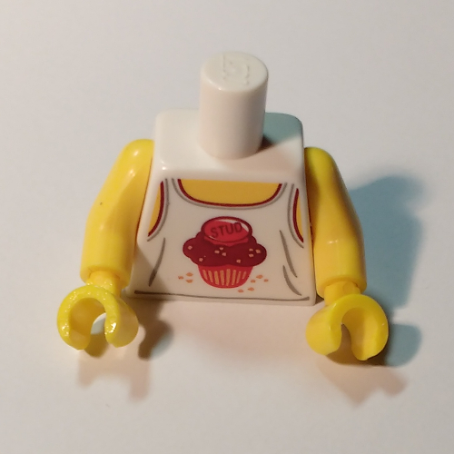 Lego Torso Tank Top, Dark Red Cupcake with 'Stud' Print, Yellow Arms and Hands / White