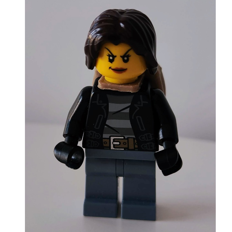 Lego Criminal, Woman, Open Black Jacket over Prison Shirt, Dark Brown Hair, Dark Tan Backpack