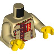 Lego Torso, Jacket, Red/Dark Red Trim, Zippers print, Tan Arms, Yellow Hands / Tan