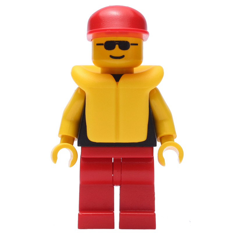 Lego Man, Black Torso with Yellow Arms, Red Legs, Red Cap, Yellow Life Vest, Sunglasses