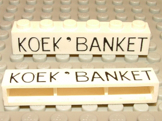 Lego Brick 1 x 6 without Bottom Tubes with Cross Side Supports with Black 'KOEK ' BANKET' Thin Pattern