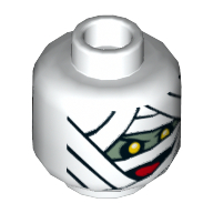 Lego Minifig Head Mummy (Dr Najib), Dual Sided, Mummy Wraps, Yellow Eyes and Red Mouth / Eyebrows and Moustache Print [Hollow Stud] / White