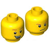Minifig Head Max Burns, Dark Orange Eyebrows, Crooked Smile with Teeth / Determined, Closed Mouth Print / Yellow