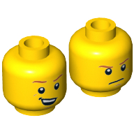 Lego Minifig Head Max Burns, Dark Orange Eyebrows, Crooked Smile with Teeth / Determined, Closed Mouth Print / Yellow