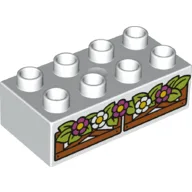 Duplo Brick 2 x 4 with Flower, Leaves, Wooden Fence Print / White