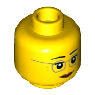 Minifig Head Misako / Grandmother, Dark Tan Glasses, Dark Orange Lips, Neutral / Raised Eyebrows Amused Print / Yellow