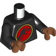 Lego Torso, Jurassic Park Symbol, Black Dino on Red Field, Yellow Circle print, Black Arms, Sienna Brown Hands / Black