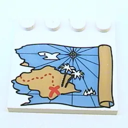 Plate Special 4 x 4, Studs on One Edge with Ocean Pirate Treasure Map Right-Half Print / White