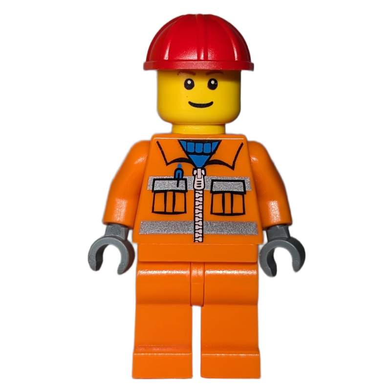 Lego Construction Worker, Orange Jacket with Zipper and Reflective Stripes, Orange Legs, Red Hard Hat, Brown Eyebrows