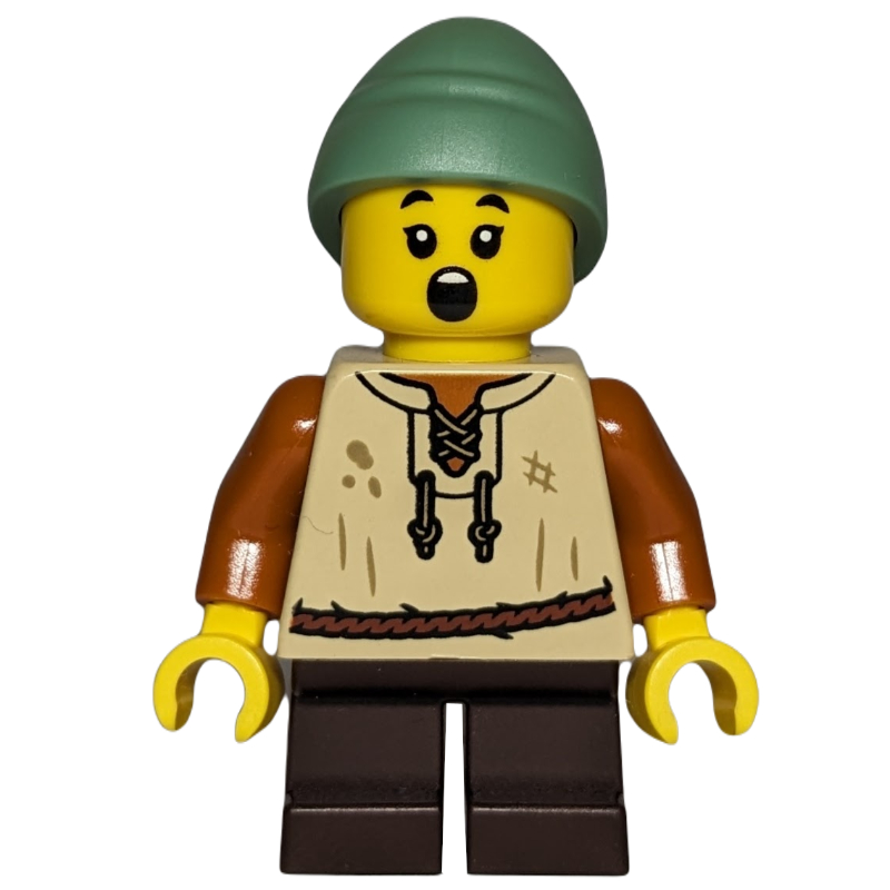 Lego Kid, Tan Torso, Dark Brown Legs, Sand Green Hat