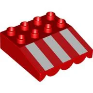 Duplo Roofpiece Slope 33 4 x 4 with Awning Overhang - 3 Short White Stripes Print / Red