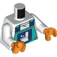 Lego Torso, Dark Turquoise Overall, Dark Blue Clasps, White Toilet print, White Arms, Reddish Orange Hands / White