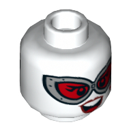 Lego Minifig Head Harley Quinn, Dual Sided, Silver Goggles with Red Lenses, Red Lips, Teeth, Smile / Frown Print [Hollow Stud] / White