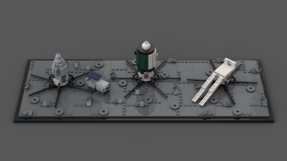 Lego KLE Complex Lunar Expedition Lunar Base [1:110 Saturn V scale] LK-700 Lunar Lander, KLE lunar base element and Heavy Lunokhod lunar rover