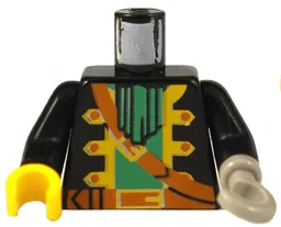 Torso Pirate Captain Jacket Open with Yellow Trim over Green Shirt with Neck Ruffle, Brown Strap, Belt with Buckle Pattern / Black Arms / Light Gray Hook Left / Yellow Hand Right