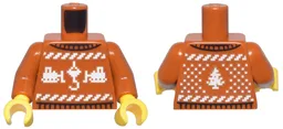 Torso Knit Fair Isle Holiday Sweater with White Construction Crane Hook, Bulldozers, and Christmas Tree Pattern / Dark Orange Arms / Yellow Hands