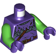 Lego Torso Tunic, Tattered, Chest Plates, Reddish Brown Strap and Belt Print, Bright Green Arms, Dark Purple Hands / Dark Purple