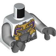 Lego Torso, Dark Bluish Grey/Gold Armor Plating, Dark Purple Accents print, Flat Silver Arms, Dark Bluish Gray Hands / White