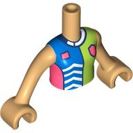 Lego Minidoll Torso Girl with Blue/Lime/Coral Shirt, Shield, Dark Blue Collar print, Warm Tan Arms and Hands / Warm Tan