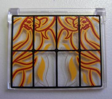 Lego Glass for Window 1 x 4 x 3 - Opening with Black Bars and Flaming Skulls Pattern (Sticker) - Set 4195
