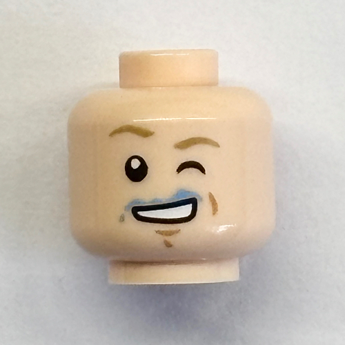 Lego Minifig Head Luke Skywalker, Winking Left Eye, Blue Milk on Mouth Print / Light Nougat