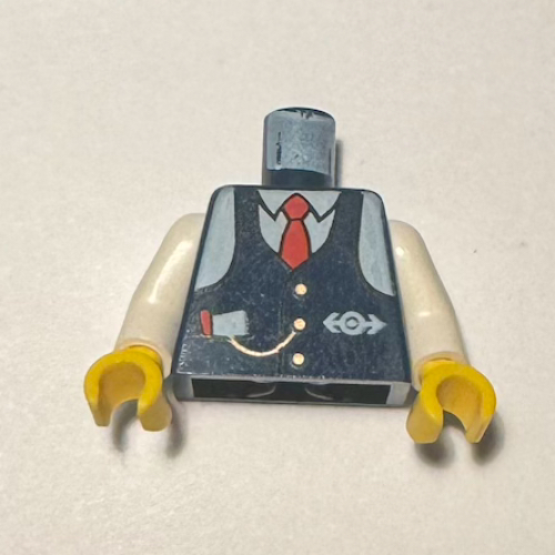 Lego Torso Vest with Train Logo, Tie, Watch Fob Print (Conductor Charlie), White Arms, Yellow Hands / Dark Blue
