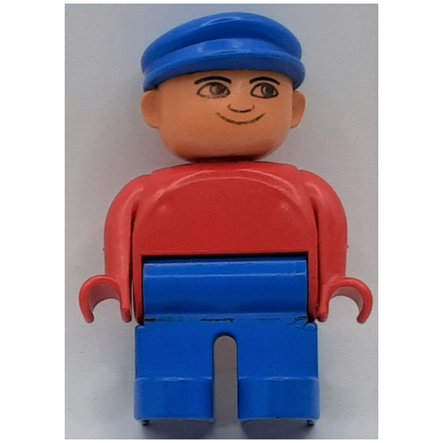 Lego Duplo Figure, Early, with Flat Cap Blue, Blue Legs, Plain Top / Red