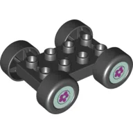 Duplo Car Base, 2 x 4 with Black Tires and Light Aqua Hub with Flower Wheels Print / Black