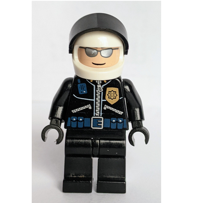 Lego Policeman with Zipped Jacket with Gold Badge, and White Helmet with Black Visor