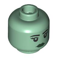 Lego Minifig Head Black Eyebrows, Dark Green Lips, Neutral / Sand Green